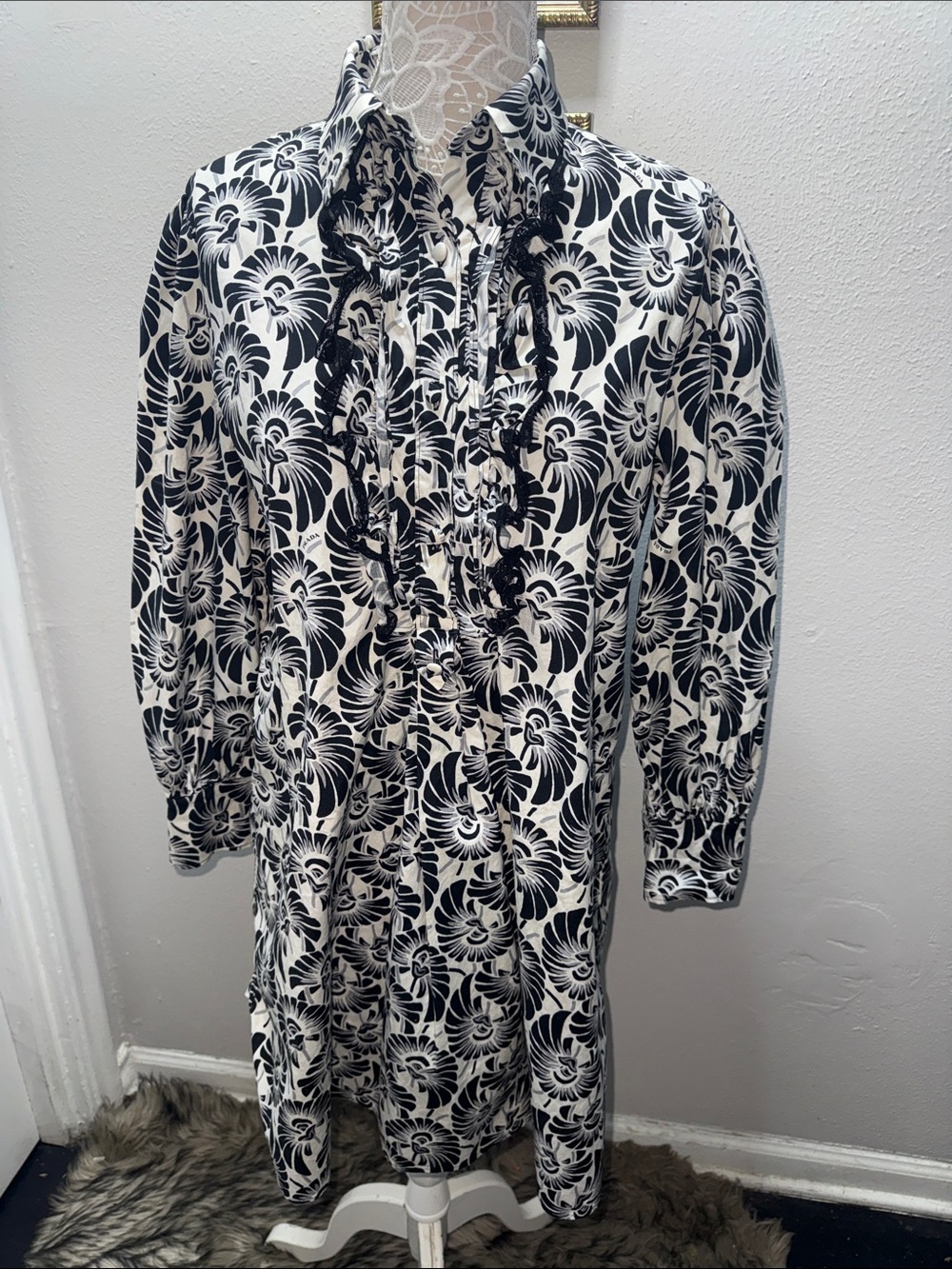 PRADA Black and Cream Floral Ruffle-Front Midi Dress
